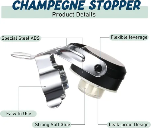 Vista 3 de Tapones de acero inoxidable para champán de 2.71 x 1.93 pulgadas, sellador de botellas de vino, reutilizable, tapón de botella de corcho de champán