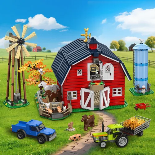 Vista 7 de INSOON Western Farm - Juego de construcción de casa de granero con luces, recientemente mejorado con estructura reforzada, 1419 piezas de juguete