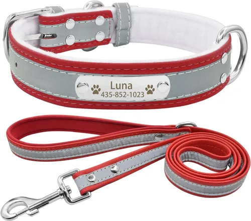 Vista 13 de Collar de perro de cuero reflectante personalizado con forro cálido, collar de perro personalizado con placa de nombre grabada para perros y gatos