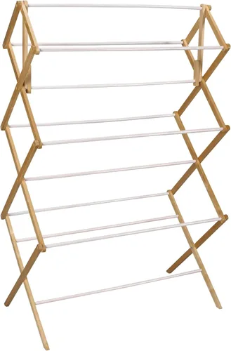 Vista 8 de Household Essentials Estante plegable de secado de ropa de bambú de gran tamaño, estante de lavandería de lujo con 11 clavijas, respetuoso