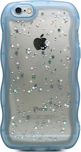 Vista 126 de Qokey para iPhone 14 Plus Funda de 6.7" con diseño de borde ondulado rizado, transparente, con purpurina, brillo, estrellas, brillante, lindo