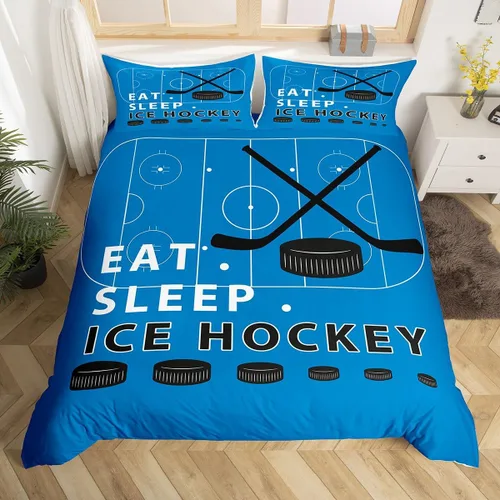 Erosebridal Hockey Twin Duvet Cover for Boys,Blue and Black Sports Bedding Sets for Kids Teen,Ball Games Gamer Bed Set,Ice Hockey Field Quilt Cover