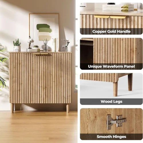 Vista 5 de Armario de almacenamiento de buffet - Armarios de madera con estantes ajustables, puertas acanaladas, mesa consola anti-punta para cocina, comedor