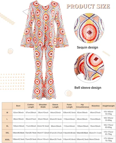 Vista 2 de Jexine Halloween 70s Women Disco Costume Set Disco Party Top Pants Sunglasses Ball Necklace Earring Wig