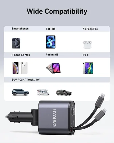 Vista 7 de Cargador de Coche para iPhone 4 en 1 Cargador Rápido USB para Teléfono de Coche 20W Cables Retráctiles Doble Lightning de 31.5 Pulgadas y 2 Puertos