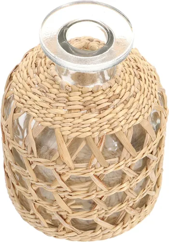 Housoutil 1 jarrón de mimbre de flores, jarrón redondo decorativo de vidrio con cubierta de ratán, recipiente de vidrio con pajita tejida para