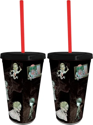 Vista 4 de ABYSTYLE Junji Ito Chibi - Vaso de plástico acrílico de 16 onzas con popote reutilizable y tapa a prueba de fugas, sin BPA con Tomie, Souichi, Fuchi