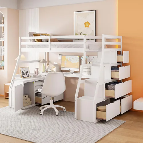 Vista 15 de Cama tipo loft de tamaño individual, marco de cama de madera con escalera/estantes/escritorio/cajón, cama alta multifuncional con barandillas