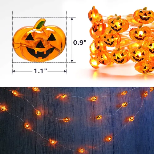 Vista 3 de Luces de calabaza de Halloween, 2 paquetes de 40 luces LED de calabaza de 13.5 pies, funciona con pilas, luces naranjas impermeables para interiores