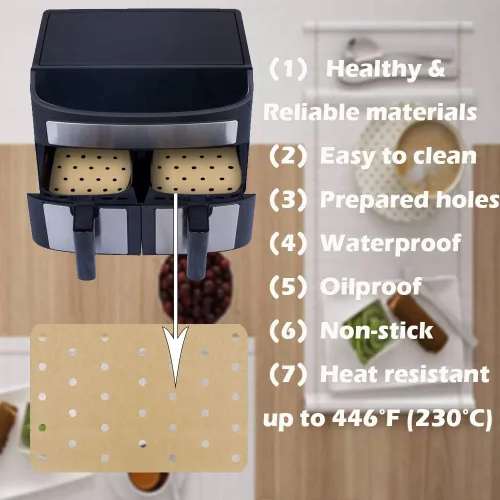 Vista 3 de 200 forros de papel desechables para freidora de aire Ninja DZ201 Foodi Dual, papel pergamino para freidora de aire sin blanquear, forros de papel