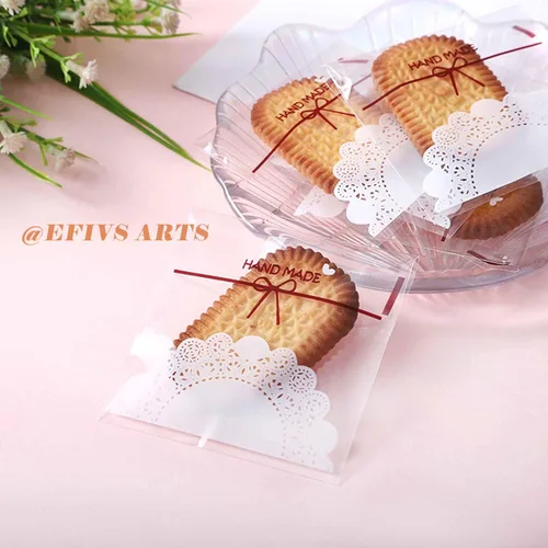 Vista 5 de 200 unidades de 5.5 x 5.5 pulgadas con bonito lazo de encaje transparente para asar galletas, regalo de bricolaje, plástico para dulces, envoltura