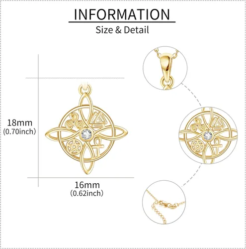 Vista 3 de Collar de oro de 14 quilates con nudo de bruja, gato, girasol, oro amarillo sólido de 14 quilates, diseño de girasol, egipciobruja, regalo