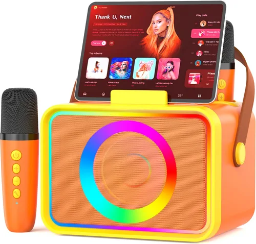 Vista 10 de Máquina de karaoke, altavoz Bluetooth portátil con 2 micrófonos inalámbricos para adultos y niños con luces LED, micrófono de karaoke con sistema PA