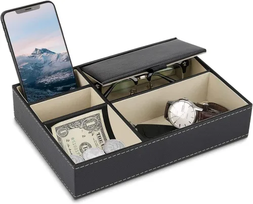 Baoyun - Organizador de bandeja de valet para hombre, con 5 compartimentos para accesorios, cartera, teléfono, llaves, color negro
