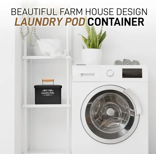 Vista 3 de ELITAPRO Contenedor moderno de granja para cápsulas de detergente - Porta cápsulas de metal con tapa para decoración y accesorios de lavandería