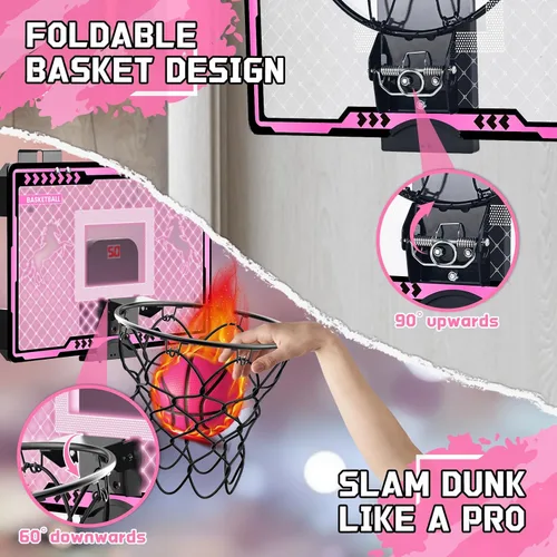 Vista 3 de Aro de Baloncesto Interior para Niñas Rosa - Mini Aros de Baloncesto sobre la Puerta con Juguetes de Marcador Electrónico y 3 Pelotas, Regalos