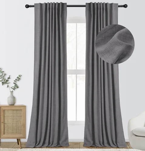 Vista 19 de INOVADAY Cortinas 100% opacas de 63 pulgadas de largo, juego de 2 paneles de lino con pestaña trasera, bolsillo para barra, cortinas opacas