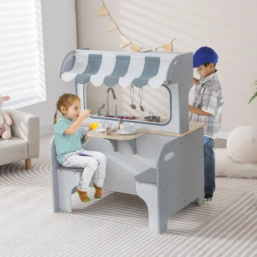 Vista 8 de GLACER Cocina de juego 2 en 1, juguetes de juego de simulación de doble cara, juegos de cocina y mesa auxiliar con accesorios de cocina, microondas