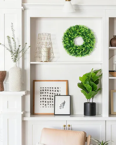 Vista 6 de DDHS Corona de boj de 18 pulgadas para puerta principal – Corona artificial verde de casa de campo, decoración DIY para primavera, verano, otoño e
