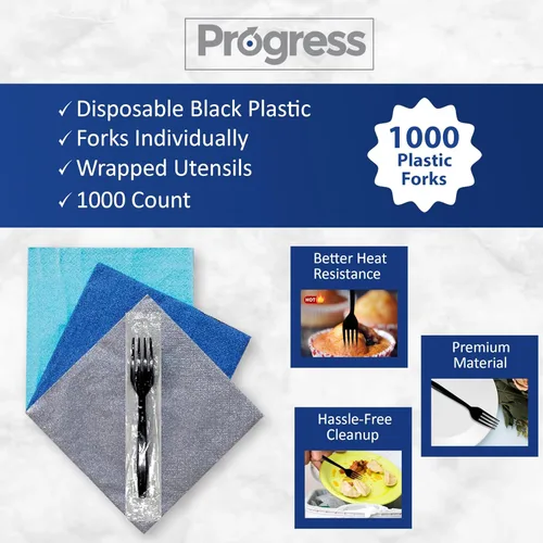 Vista 7 de Progress Cubiertos de plástico envueltos individualmente, tenedores desechables negros resistentes [1000 unidades a granel] Tenedores negros fuertes