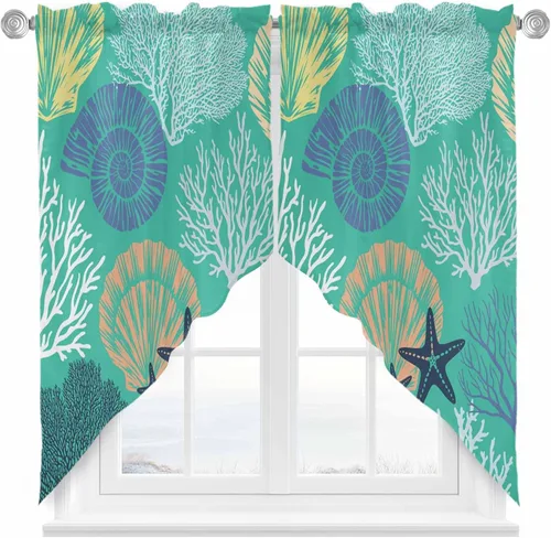 Vista 19 de Cenefa de amarre para ventanas, cortinas náuticas costeras de coral, cenefas con bolsillo para barra, cortinas de ventana con temática de playa