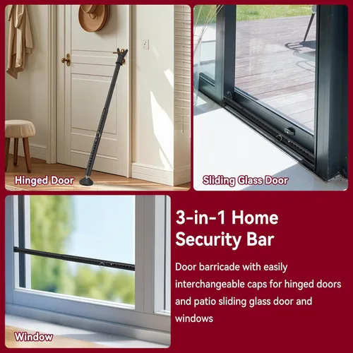 Vista 2 de Barra de seguridad 3 en 1 para puerta corrediza de patio, puerta corrediza de interior, barra de seguridad ajustable para puerta delantera