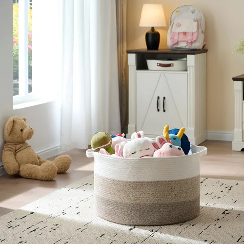 Vista 3 de Luxury Little Cesta de Almacenamiento Extra Grande para Guardería, 22 x 22 x 14 pulgadas - Cestas de Cuerda de Algodón 100% con Asas, Cesta