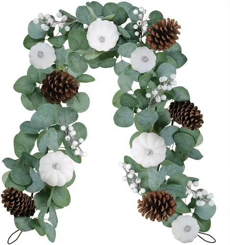 Winlyn Guirnalda de calabaza blanca de eucalipto artificial con calabazas blancas, piñas, bayas, follaje de otoño para arco de boda, telón de fondo,