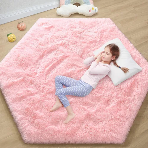 EVOIONOS Alfombra hexagonal rosa de 5.2 x 6 pies, suave, antideslizante, cómoda, lavable, perfecta para dormitorio, sala de estar, habitación de