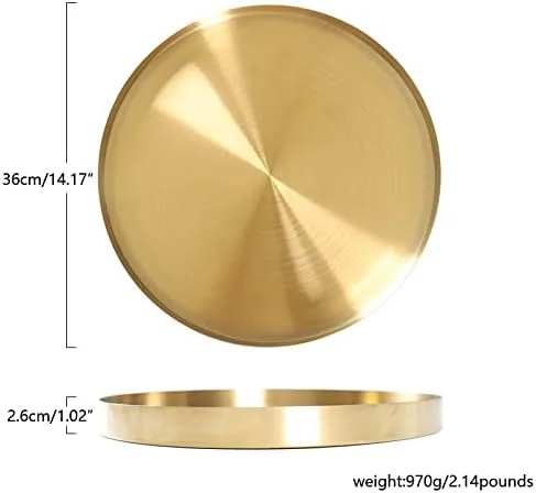 Vista 2 de Bandeja decorativa redonda de metal dorado de 14 pulgadas, bandeja dorada con acabado espejo con pared de 1 pulgada, bandeja de mesa circular