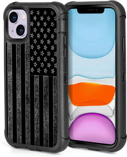 Vista 8 de Funda compatible con iPhone 13 y iPhone 14, diseño de bandera estadounidense negra y roja para hombres y niños, 3 capas resistentes a prueba