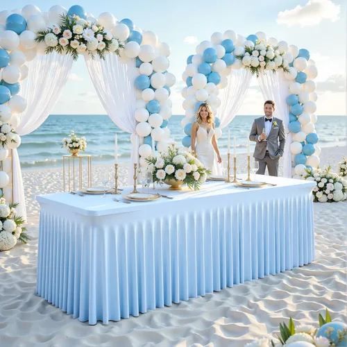 Vista 2 de Paquete de 2 manteles color azul bebé para mesas rectangulares de 6 pies, mantel ajustable de elastano, fundas de mesa elásticas de 6 pies, manteles