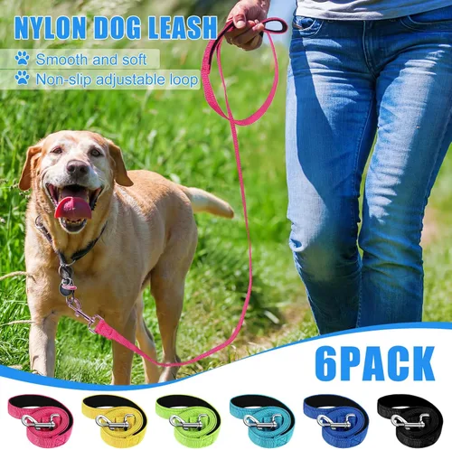 Vista 6 de Paquete de 6 correas de entrenamiento de nailon de 5 pies a granel para perros medianos y grandes, mango acolchado resistente, correa de tracción