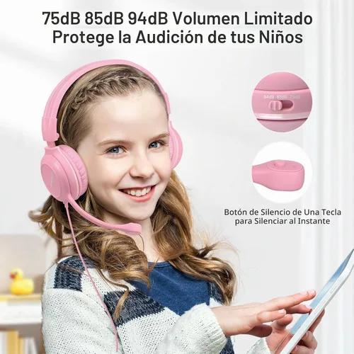 Vista 3 de SIMOLIO Audífonos para niños con micrófono para la escuela, auriculares con cable de 75/85/94 dB con micrófono retráctil para iPad, PC, laptop