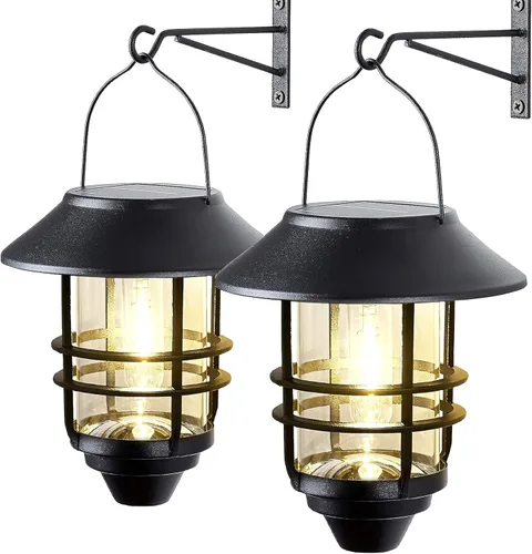 2 Pack Solar Wall Lanterns Outdoor Waterproof Hanging Solar Wall Lights Glass Metal with Wall Mount Bracket,Garden Lantern Warm White 3000K, Auto