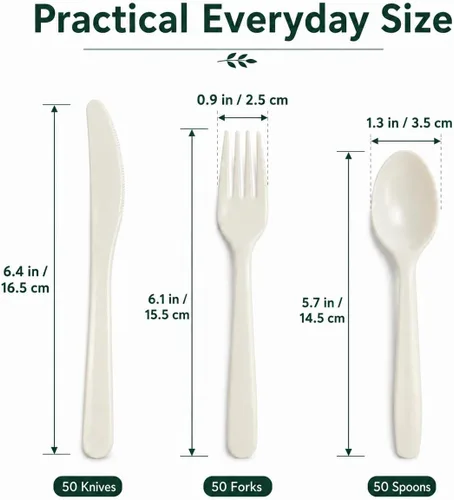 Vista 2 de Juego de utensilios desechables, 150 unidades (50 tenedores, 50 cucharas, 50 cuchillos), cubiertos de plástico resistentes, cubiertos desechables