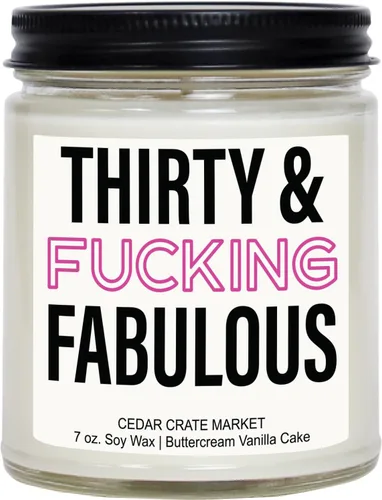 Regalos de cumpleaños número 30 para mujeres, 30 y fabuloso, aroma de vainilla de crema de mantequilla con chispas en la parte superior, divertidas