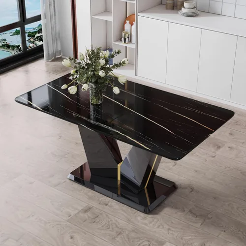 Vista 8 de Mesa de comedor de piedra sinterizada negra de 48.4 pulgadas, mesa de cocina rectangular minimalista con patas de metal negro, mesa de comedor