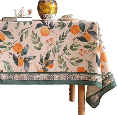 Vista 46 de [Usado] patdrea Mantel largo de lino de diseño verde para mesa rectangular, mantel vintage transpirable con patrón de frutas amarillas, funda