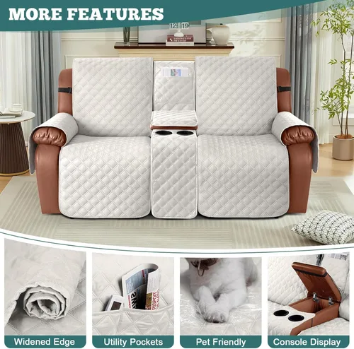 Vista 5 de Ruaozz Funda impermeable para sofá biplaza reclinable con consola, funda antideslizante para sofá reclinable dividido, con correas elásticas, Beige
