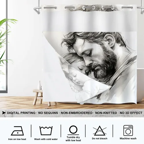Vista 699 de Shrahala Father and Child Embracing No Hooks Shower Curtain with Snap in Liner Set, Tender Moment Captured Bathroom Décor Polyester Fiber Waterproof
