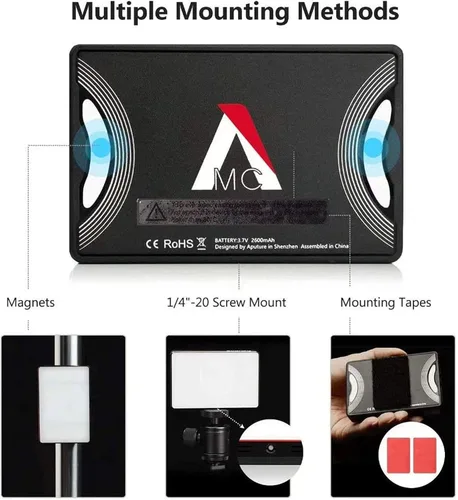Vista 4 de Mini luz Aputure Amaran MC RGBWW de video para cámara, 3,200-6,500 K, CRI/TLCI 96+, modo HSI, soporte magnético para atracción, aplicación con USB-C