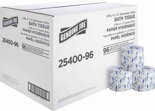 Genuine Joe - Rollos de papel higiénico estándar de 2 capas, 400 hojas por rollo, 4 pulgadas x 3,15 pulgadas, color blanco (paquete de 96).