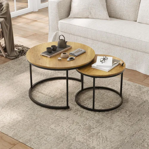 Vista 8 de Smuxee - Juego de 2 mesas de café anidadas, mesa de café redonda de 27.6" con tapa de grano de madera y patas ajustables antideslizantes, mesa