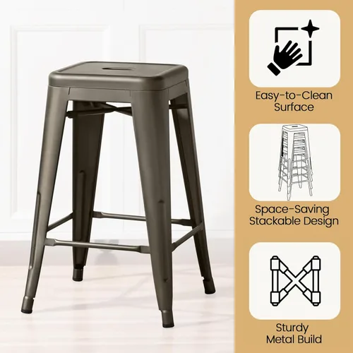 Vista 4 de Yaheetech - Juego de 4 taburetes de metal de 24 pulgadas, taburetes de altura de mostrador sin respaldo, sillas de bar apilables industriales