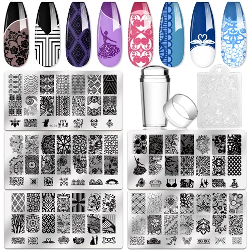 Vista 12 de Biutee Juego de placas de estampado de uñas, 10 piezas de sellos de uñas, raspador, kit de placas de arte de uñas, plantilla de placa de encaje