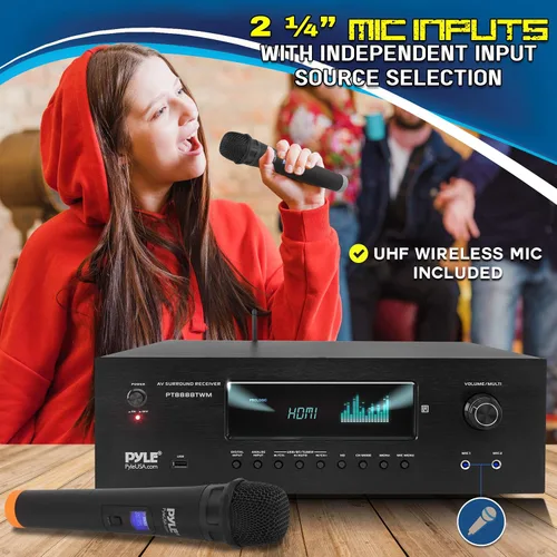 Vista 4 de Pyle Receptor de karaoke de cine en casa Bluetooth de 1000 W - Amplificador estéreo de 5.2 Ch 2 micrófonos inalámbricos UHF soportes de paso