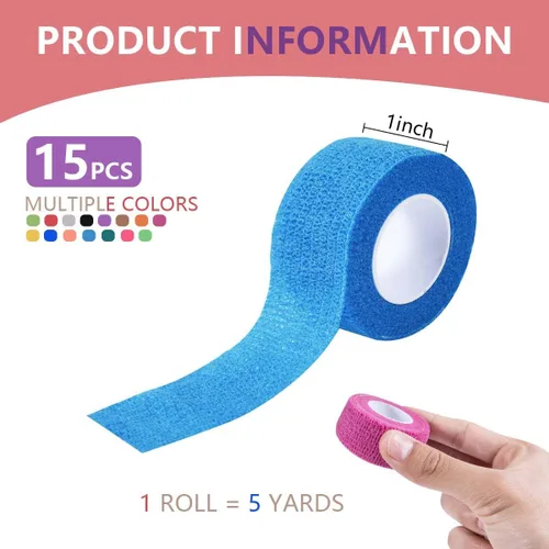 Vista 2 de KISEER Paquete de 15 rollos de vendaje autoadhesivo colorido de 1 pulgada x 5 yardas, rollos de vendaje cohesivo transpirable y cohesivo, cinta