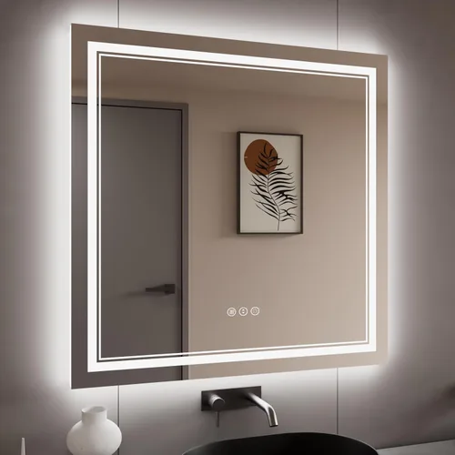 Vista 81 de Espejo de baño LED de 40 x 36 pulgadas con luces, retroiluminado y frontal iluminado para pared, antiempañamiento, regulable, memoria inastillable