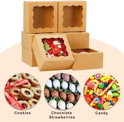 Vista 5 de XINHPKGG Paquete de 20 cajas de galletas de 6 x 6 x 3 pulgadas, cajas de panadería con ventana, caja de postre para macarrón, mini pastel, Marrón